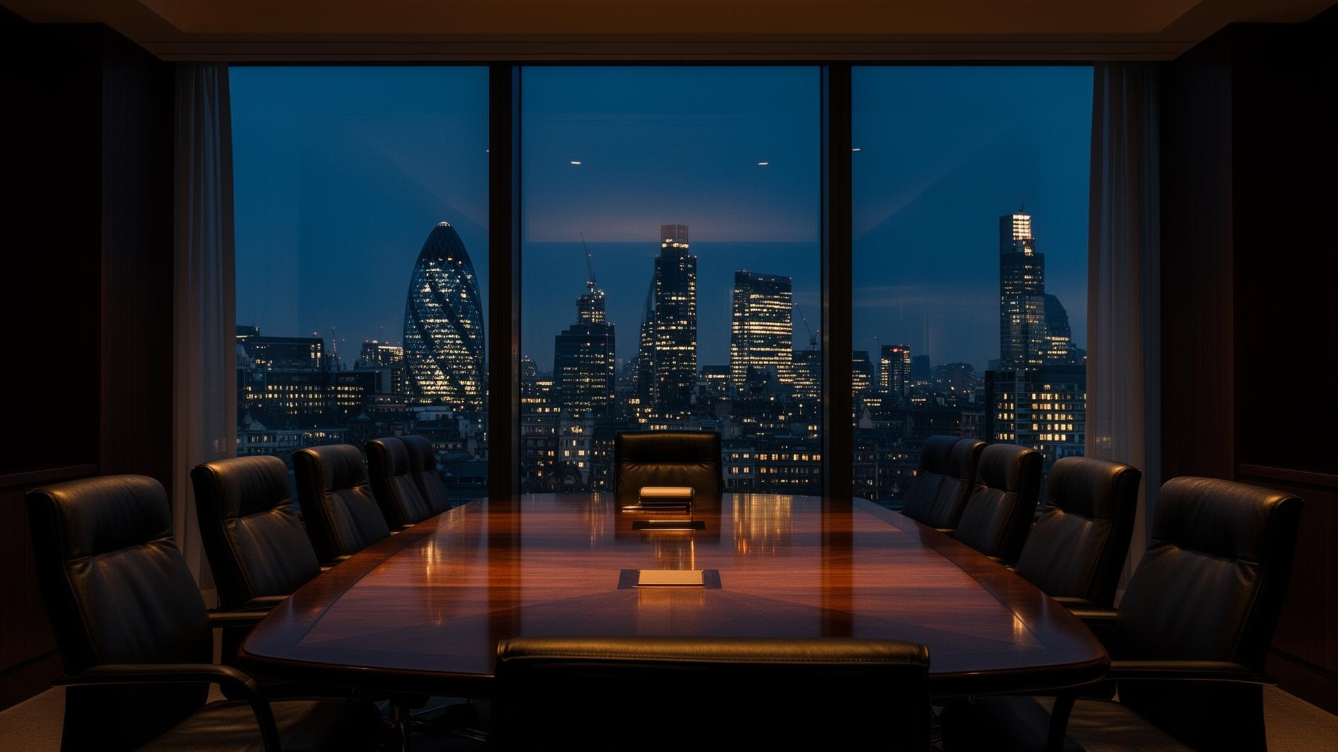 Boardroom overlooking the City of London at dusk